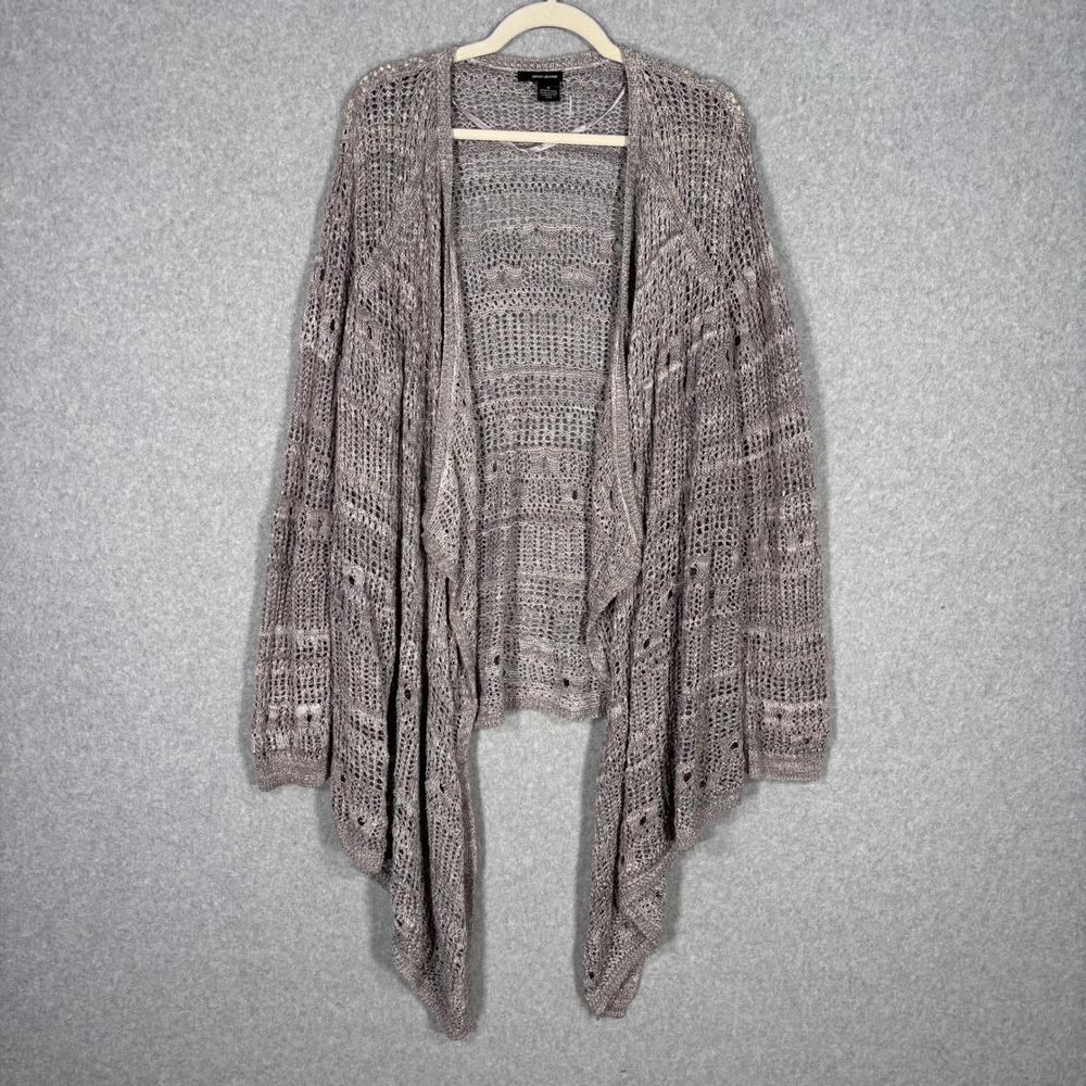 DKNY Crochet Open Knit Cardigan Sweater 1X Oatmeal Metallic Waterfall Drape Wrap